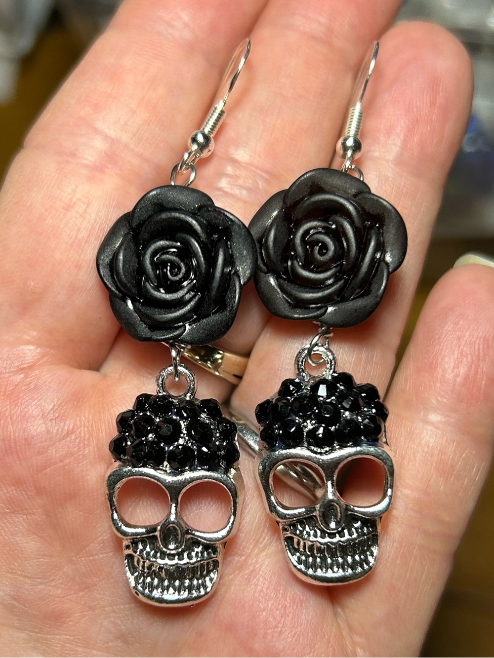 3/$25 Black Rose Skull Drop Earrings